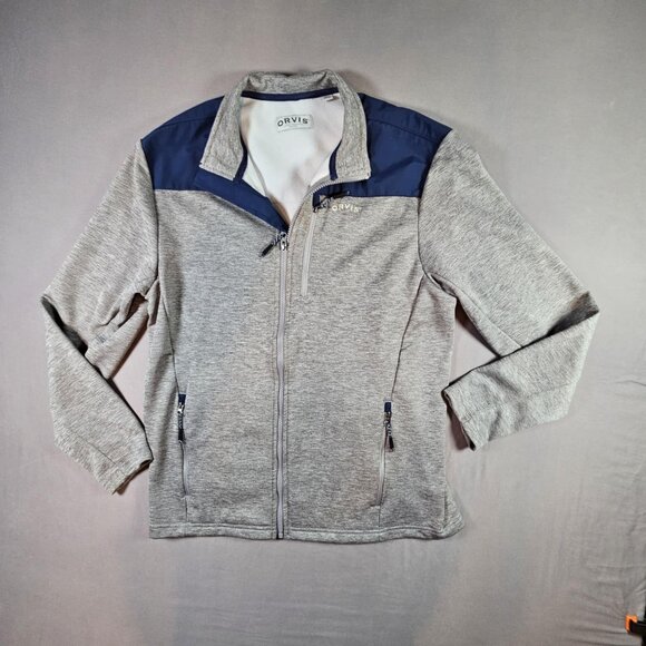 Orvis Mens Bonded Blue Gray Mesh Fleece Full Zip Jacket Medium Outdoor Pocket - Picture 1 of 8